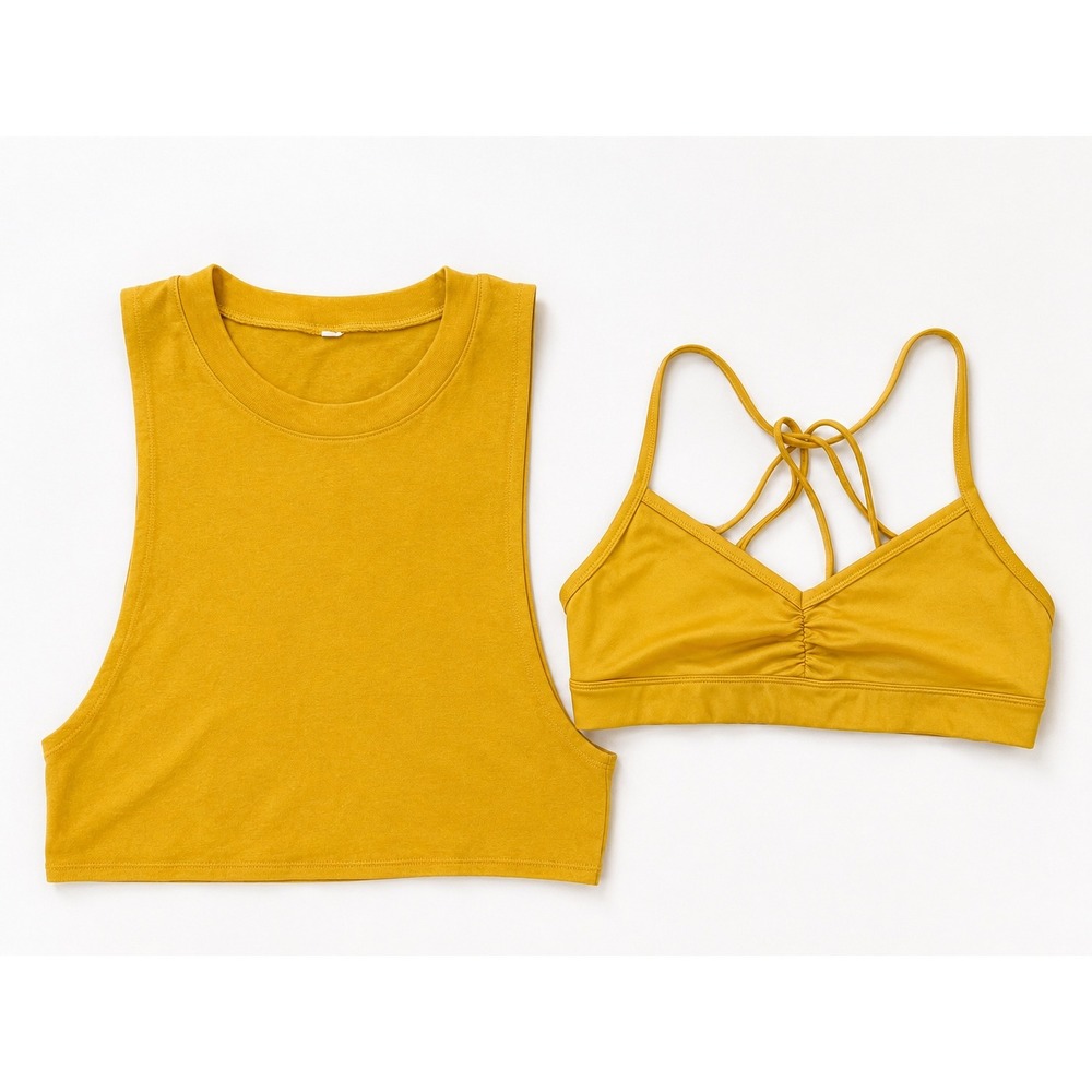 Alo Yoga Mustard Yellow 2 Piece Set Muscle Tank and Strappy Sports Bra Small